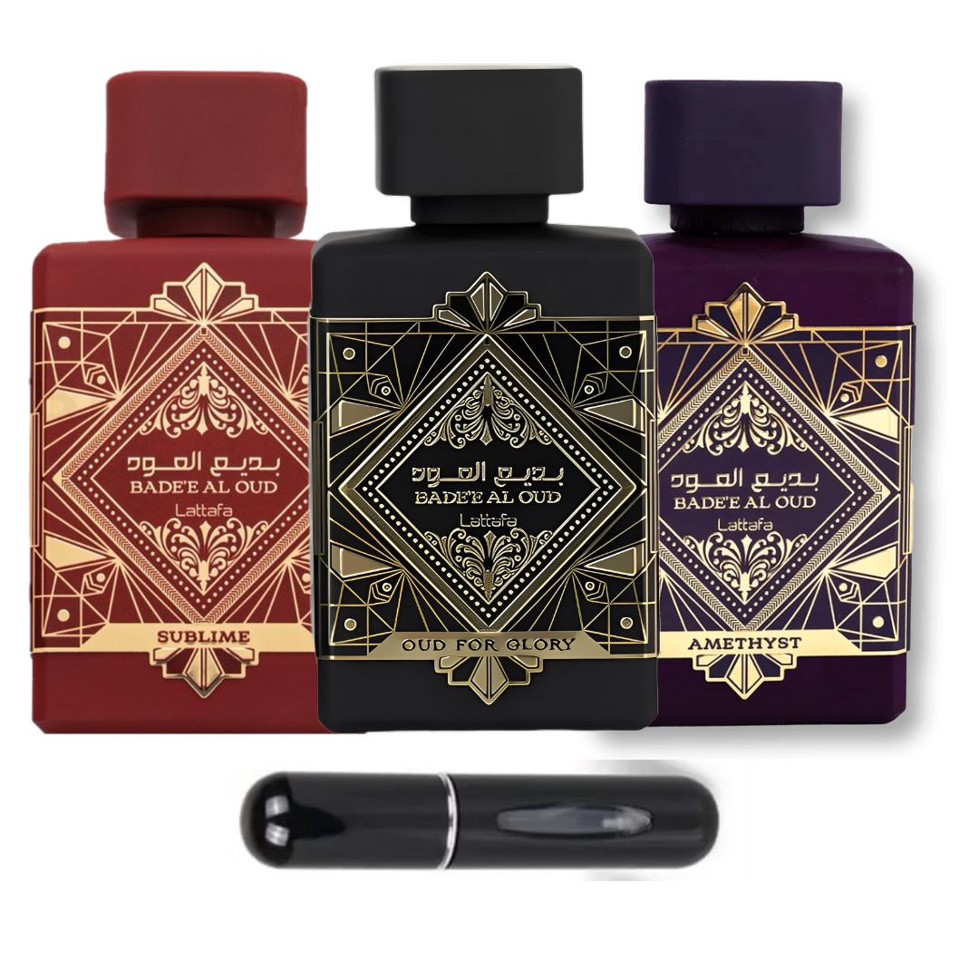 ✨ Kit Lattafa Oud Glory + Amethyst + Sublime + Perfumero Viajero ✨
