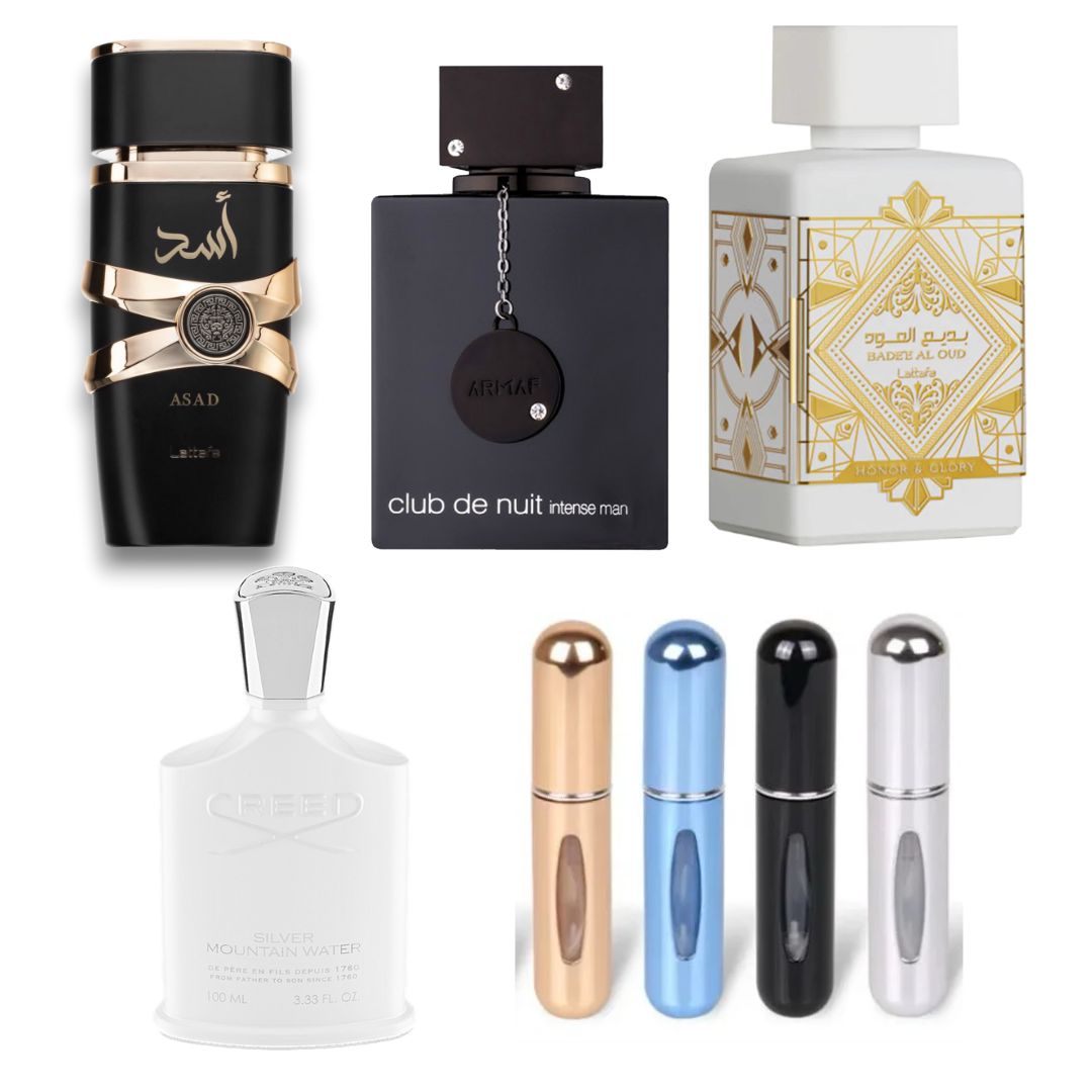 ✨ Kit Exclusivo: Asad + Club de Nuit + Honor + Creed + 4 Perfumeros Viajeros ✨